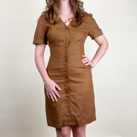 Vintage Dresses & Skirts - Vintage Linen Mini Midi Dress Short Sleeve Preppy Rustic Casual Button Up Down